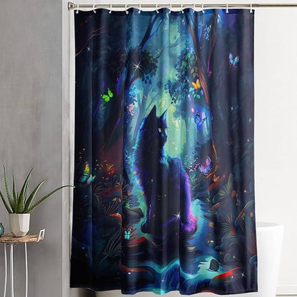 AILONEN Black Cat Shower Curtain,Cartoon Cat Shower Curtain Set for Kids Boys Girls,Boho Style Butterfly Shower Curtain Curtain for Bathroom,Mysterious Forest Curtain Set with Hooks,48" W*72" H