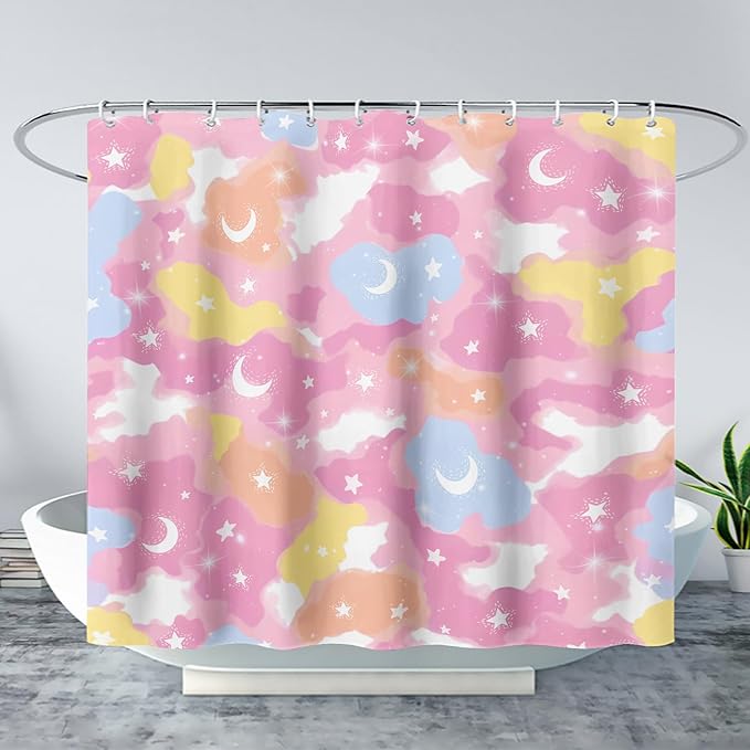 AILONEN Pink Galaxy Shower Curtain,Star and Moon Theme Bathroom Shower Curtain for Girls Kids Teens, 72" W*96" H Colorful Starry Sky Shower Curtain for Bathroom