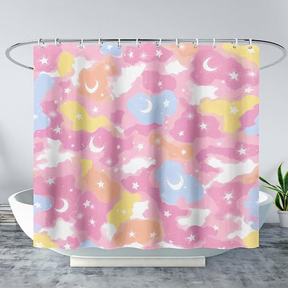 AILONEN Pink Galaxy Shower Curtain,Star and Moon Theme Bathroom Shower Curtain for Girls Kids Teens, 72" W*96" H Colorful Starry Sky Shower Curtain for Bathroom