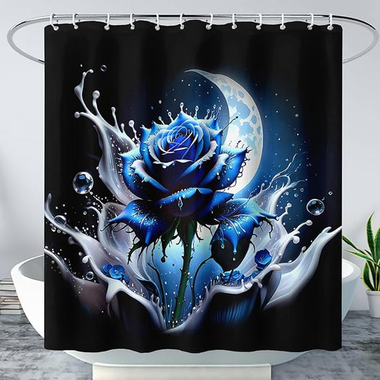 AILONEN 3D Rose Shower Curtain for Bathroom, Evening Moon Blue Rose Bath Curtain for Girls Women, Modern Floral Print Minimalism Shower Curtain Waterproof with 12 Plastic Hooks 72" W*84" H