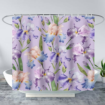 AILONEN Floral Shower Curtain, Pretty Purple Iris Pattern Shower Curtain Set for Girls Boys Teens Kids,Fantasy Vintage Flower Fabric Shower Curtains for Bathroom,48" W*72" H