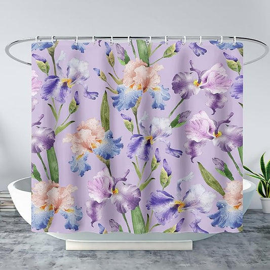 AILONEN Floral Shower Curtain, Pretty Purple Iris Pattern Shower Curtain Set for Girls Boys Teens Kids,Fantasy Vintage Flower Fabric Shower Curtains for Bathroom,48" W*72" H