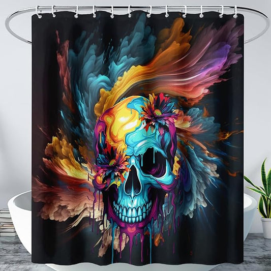 AILONEN Sugar Skull Shower Curtain for Bathroom,Romantic Colorful Smoky Skull Bath Curtain,Watercolor Skull Skeleton Decoration Bathroom Waterproof Shower Curtain with 12 Plastic Hooks, 60" W*72" H
