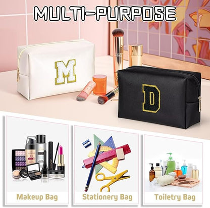 TOPEAST Travel Makeup Bag, Personalized Initial Toiletry Bag w Zipper, Cute Makeup Pouch, PU Leather Waterproof Cosmetic Bag, Birthday Gift for Daughter, Preppy Things for Girls (Black G)