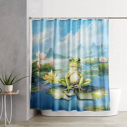 AILONEN Cartoon Frog Shower Curtain Set for Bathroom,Kawaii Green Frog Bath Curtain,Amphibian Animal Shower Curtain,Lotus Flower Waterproof Fabric Shower Curtain with Hooks,48" W*72" H