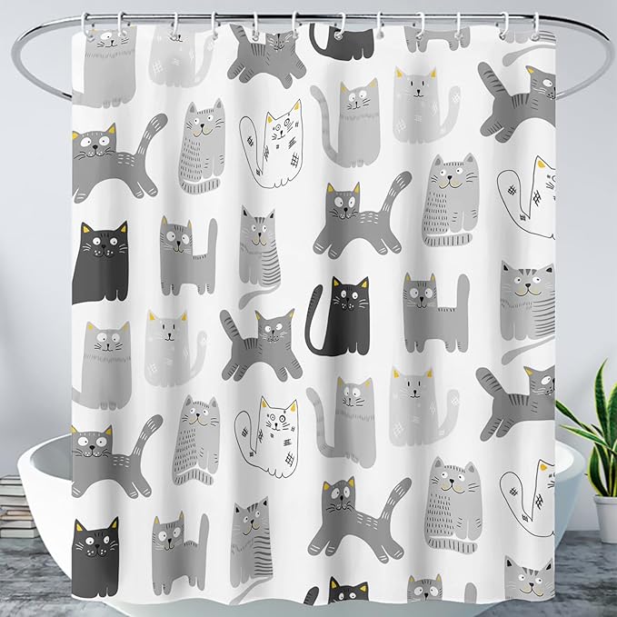 AILONEN Cat Shower Curtain 60" W*72" H Funny Cartoon Cat Grey Printed Bath Curtain Cat Theme Shower Curtain Minimalist Bathroom Curtain Decor Polyester Waterproof Curtain with 12 Hooks