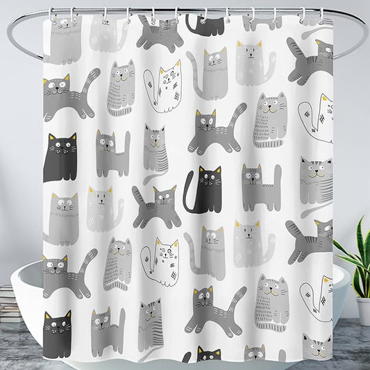 AILONEN Cat Shower Curtain 60" W*72" H Funny Cartoon Cat Grey Printed Bath Curtain Cat Theme Shower Curtain Minimalist Bathroom Curtain Decor Polyester Waterproof Curtain with 12 Hooks