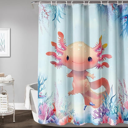 AILONEN Axolotl Shower Curtain for Bathroom,Watercolor Axolotl Coral Bath Curtain for Kids Girls,Ocean Animal Salamander Blue Shower Curtain Decoration Waterproof with 12 Plastic Hooks, 60" W*72" H