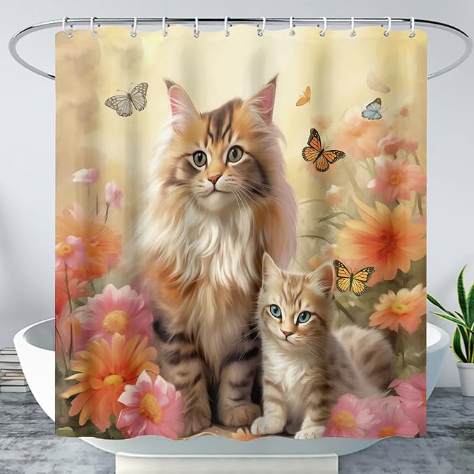 AILONEN Cartoon Kawaii Cat Shower Curtain for Kids Girls, 3D Cat Mum and Son with Flower Shower Curtain for Bathroom Decor,Cat Lovers Animal Waterproof Shower Curtains Sets with Hooks,36" W*72" H