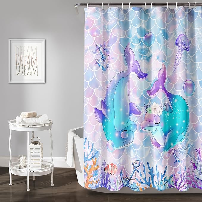 AILONEN Cute Dolphin Shower Curtain,Kawaii Ocean Dolphin Bathroom Curtain for Kids Girls Women,Cartoon Fish Scale Mermaid Bath Curtain 72" W*84" H Polyester Waterproof Shower Curtain with 12 Hooks