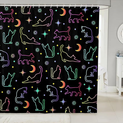 Cartoon Cats Kids Shower Curtains,Sun Moon Starry Sky Outer Space Boho Bathroom Curtains for Girls Boys,Cartoon Pet Animals Silhouettes Colorful Waterproof Curtains,12 Hooks Suits,72"W x 78"L