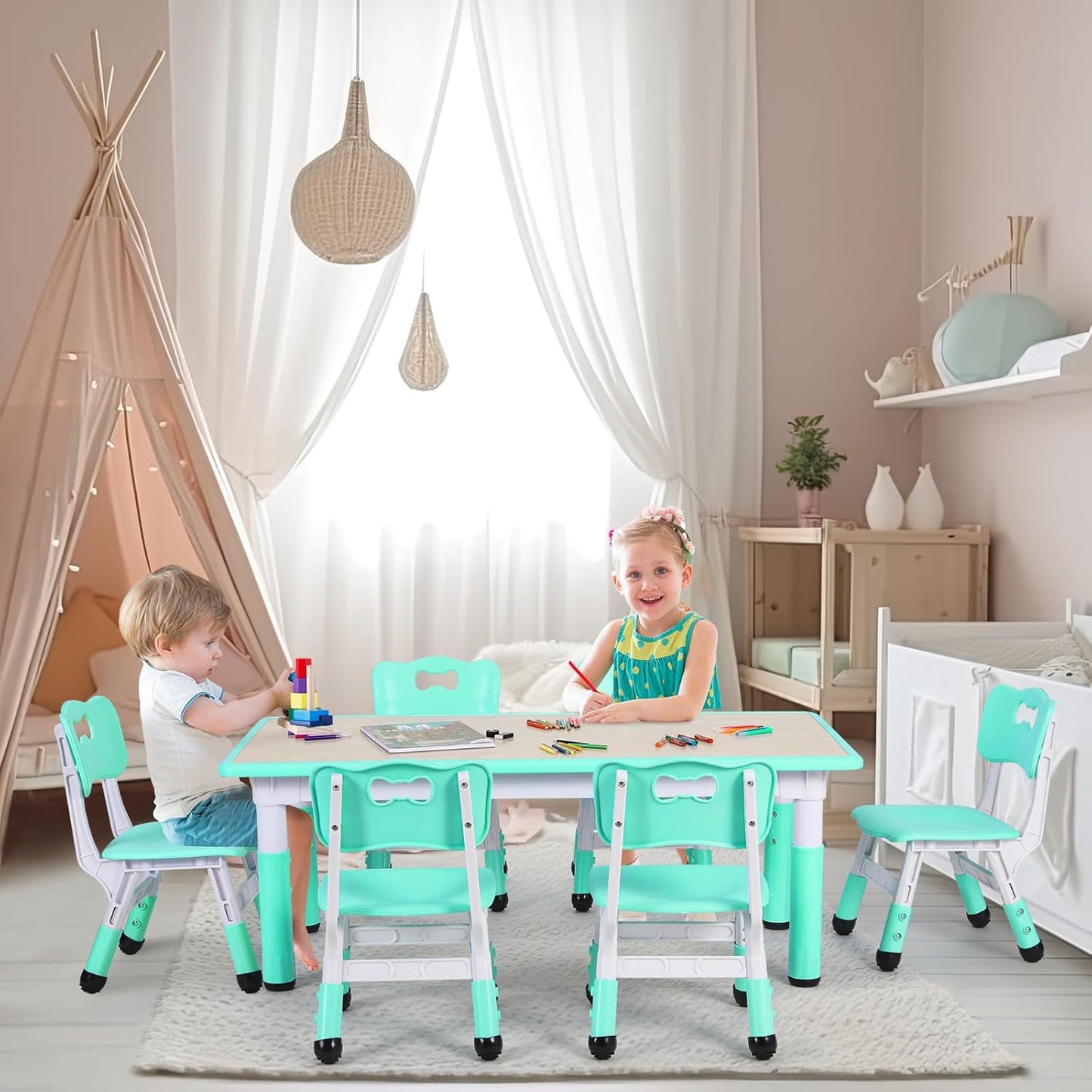Kids Table and 6 Chairs Set, Height Adjustable Graffiti Desk, Preschool Activity Art Craft Table, for Daycare Classroom Home Boys and Girls Age 3-12 (Light Green)