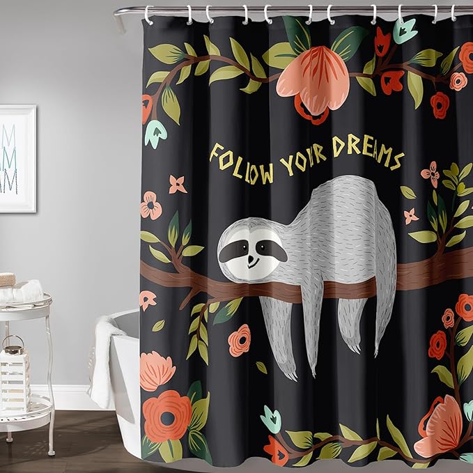 AILONEN Kawaii Sloth Shower Curtain for Bathroom Decor,Floral Sloth Bath Curtain for Kids Boys Girls,Polyester Waterproof 36" W*72" H with 12 Plastic Hooks