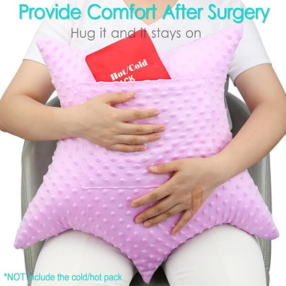 Heart Surgery Pillow Shock Absorbing for Open Heart Surgery After Bypass Coughing with 2 Pockets - Recovery Gifts with Hands Placement Pouch, Minky Dot Lavender