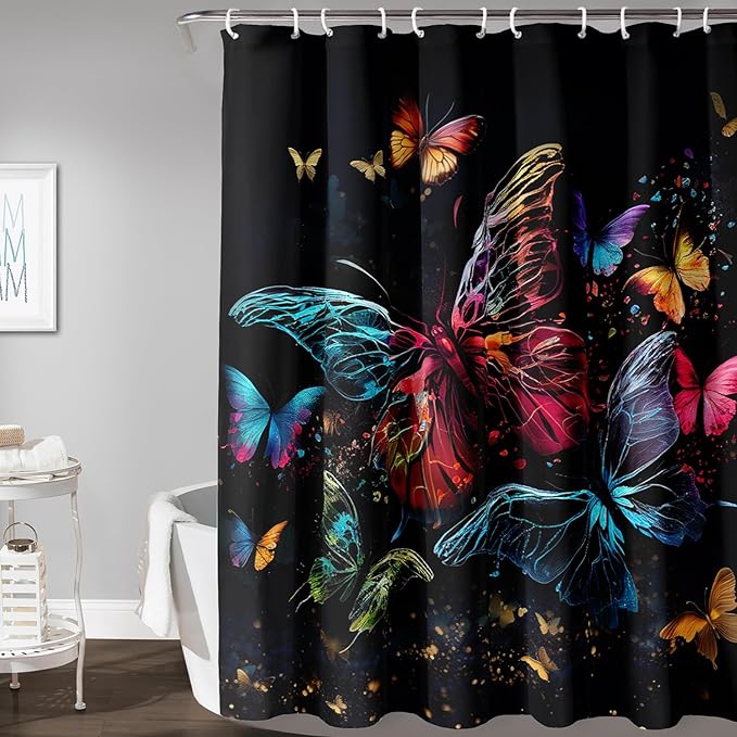 AILONEN Colorful Butterfly Shower Curtain, Tie Dye Butterfly Bath Curtain,Modern Fashion Minimalist Decorative Shower Curtain with 12 Plastic Hooks (Kids/Girls/Women/Teen/) Black 72" W*84" H