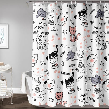 AILONEN Cat Shower Curtain, Cute Cat Cartoon Pet Cat Kitten Bathroom Curtain,Cat Paw Print Cat Lover Bath Curtain 72" W*96" H Polyester Waterproof Bathroom Curtain with 12 Hooks