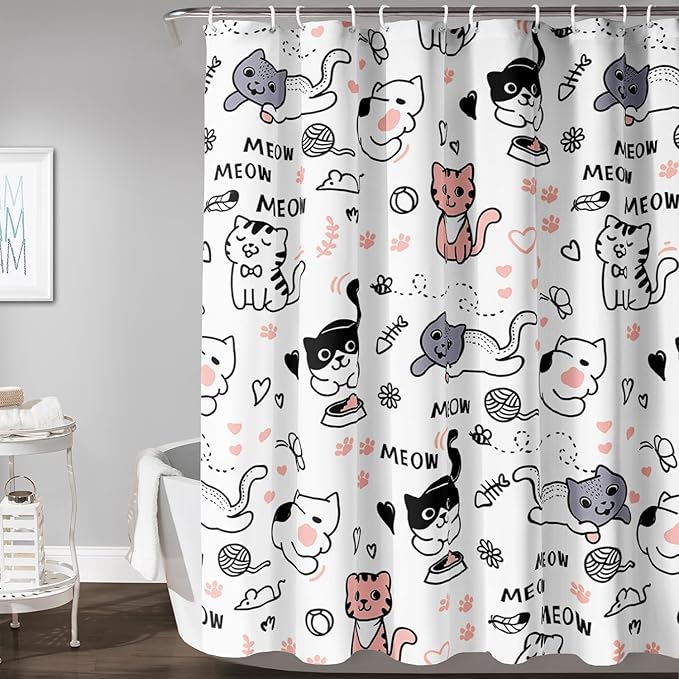 AILONEN Cat Shower Curtain, Cute Cat Cartoon Pet Cat Kitten Bathroom Curtain,Cat Paw Print Cat Lover Bath Curtain 48" W*72" H Polyester Waterproof Bathroom Curtain with 12 Hooks