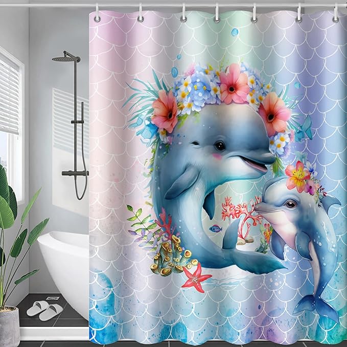 AILONEN Cute Dolphin Shower Curtain,Color Mermaid Scale Print Shower Curtain with 12 Plastic Hooks,Kawaii Ocean Dolphin Print Bath Curtain Decorative Waterproof 72" W*84" H