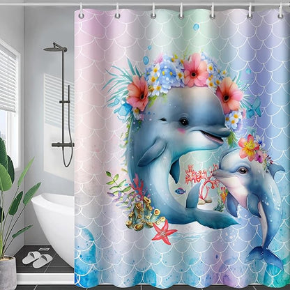 AILONEN Cute Dolphin Shower Curtain,Color Mermaid Scale Print Shower Curtain with 12 Plastic Hooks,Kawaii Ocean Dolphin Print Bath Curtain Decorative Waterproof 72" W*72" H