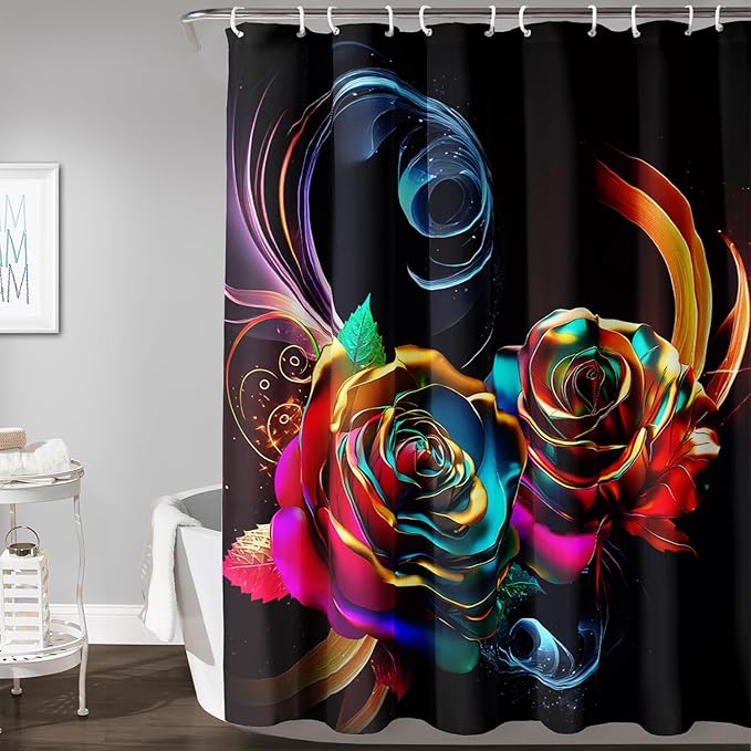 AILONEN Gold Rose Flower Shower Curtain for Kids Girls Teens,Butterfly Rose Flower Bath Curtain for Bathroom Decor,Romantic Polyester Waterproof with 12 Plastic Hooks 72" W*72" H