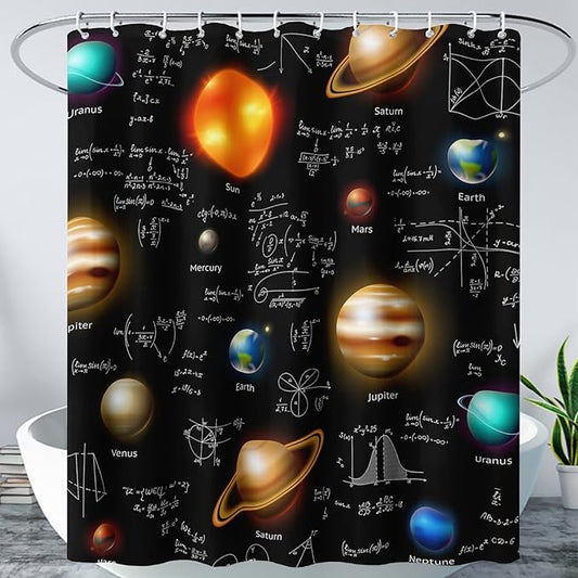 AILONEN Solar System Shower Curtain,Math Galaxy Planet Bath Curtain for Bathroom Decor,Polyester Waterproof with 12 Plastic Hooks 72" W*78" H