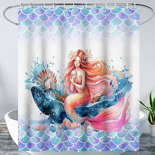 AILONEN Mermaid Shower Curtain,Watercolor Whale and Mermaid Bath Curtain,Beautiful Mermaid Princess Shower Curtain Ocean Fish Scale Print Curtain Waterproof with 12 Plastic Hooks, 72" W*72" H