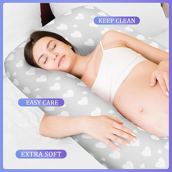 Floral Soft Pregnancy Pillow Cover (ONLY Pillowcase), U Shaped Luxurious Velvet Maternity Pillow Cover with Hidden Zip, Warm Large Pillow Protector for Side Sleeper, Grey, 58x32 in