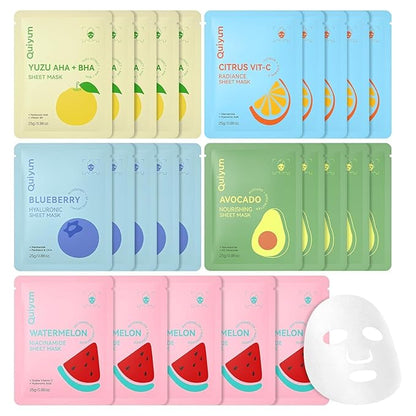 Fruit Face Masks Skincare, Facial Masks for Women, Skin Care for Teens 10-12, Sheet Masks Beauty with Natural Ingredients, Moisturize & Soothe for All Skin Type, Birthday Party Spa Gift 25 Pack