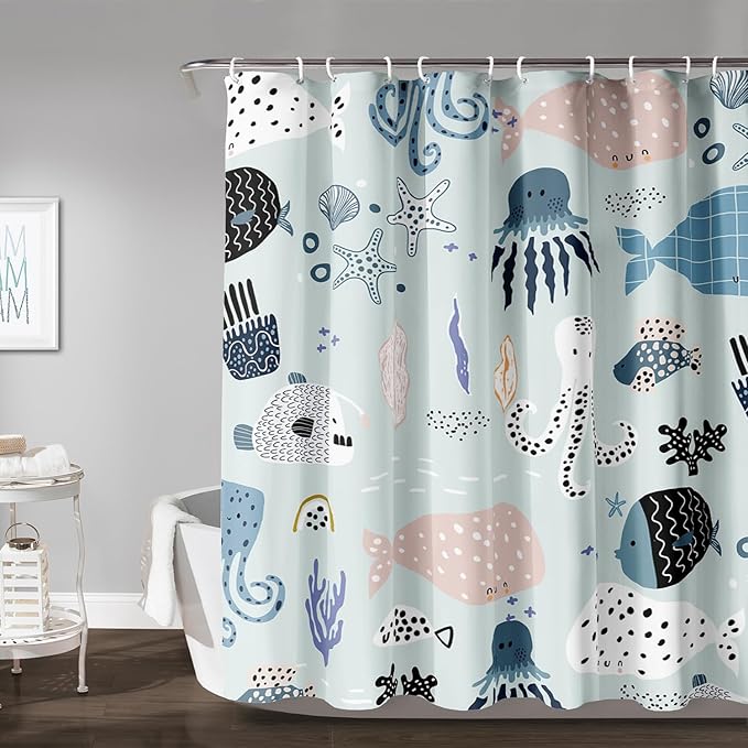 AILONEN Cartoon Ocean Life Shower Curtain for Kids 72" W*72" H Inch,Kawaii Fish Whales Octopuses Pattern Shower Curtain,Ocean Life Theme 12 Pack Hooks Polyester Waterproof Fabric Decor for Bathroom