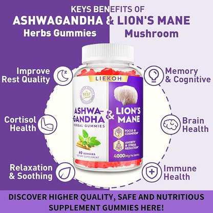 Ashwagandha & Lions Mane Gummies for Adults -Cortisol and Brain Health, 4000mg Ultra Strength Lion's Mane Mushroom Supplements, Berry Flavor - Packs of 4