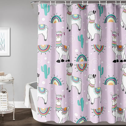 AILONEN Cool Llama Shower Curtain,Purple Desert Cactus Llama Bath Curtain,Polyester Water for Bathroom with 12 Plastic Hooks,72" W*78" H Purple