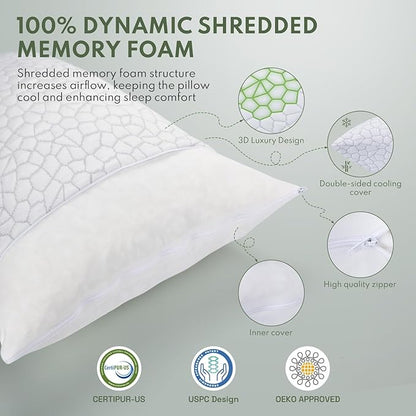 Cooling Shredded Memory Foam Pillow for Sleeping - King Size 2 Pack, Adjustable Bed Pillows Set of 2 for Side, Back, and Stomach Sleepers, Washable Breathable Cold Cover - CertiPUR-US