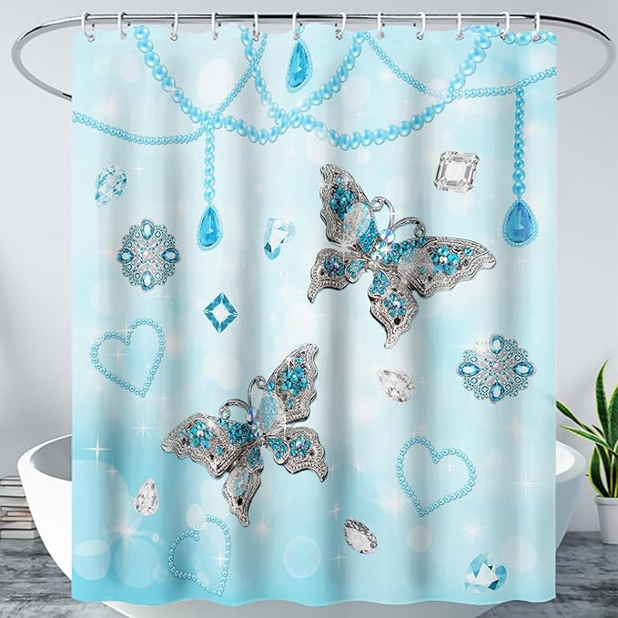 AILONEN Girls Butterfly Shower Curtain 48" W*72" H Blue Butterfly Women Teen Girls Bathroom Curtain,Metal Butterfly Pattern Curtain Polyester Waterproof Butterfly Bathroom Curtain with 12 Hooks