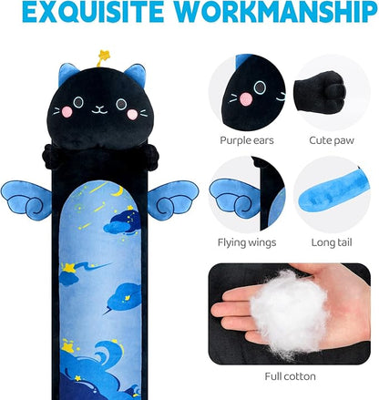 Long Cat Plush Kawaii Body Pillow, 53” Cute Black Cat Stuffed Animals Soft Plushies, Blue Star Kitten Big Plush Toys Throw Pillow Doll Gift for Girlfriend