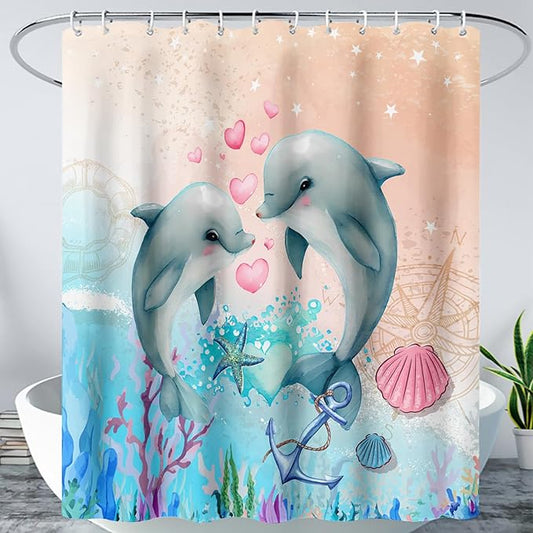 AILONEN Catrtoon Dolphin Shower Curtain Bathroom 72" W*96" H Kawaii Jumping Dolphin Curtain Cloth Fabric Bathroom for Kids Girls,Ocean Theme Shower Curtain Set