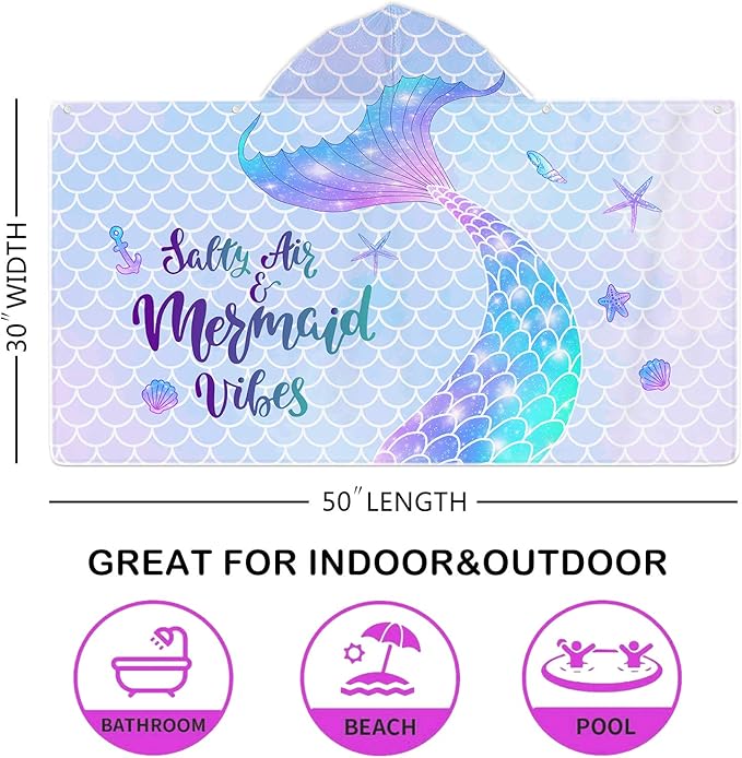 Mermaid Kids Hooded Beach Towel, Mermaid Tail Microfiber Hooded Poncho Towel for Girls 30”x50”, Mermaid Scales Pink Soft Absorbent Bath Towels Bathrobe with Hood for Swin Pool