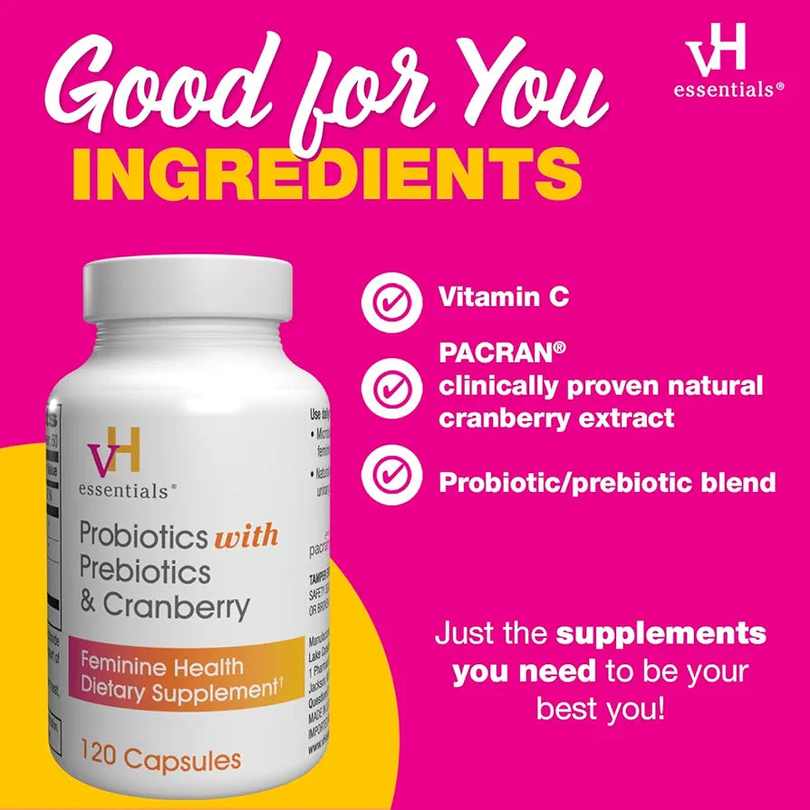 vH essentials Probiotics for Women with Prebiotics, Cranberry & Vitamin C - 120 Capsules  -Probiotics Support Gut Balance, Health & Urinary Tract Health for Women
