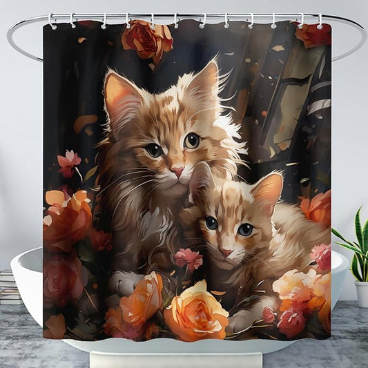 AILONEN 3D Kawaii Cat Shower Curtain,Lovely Kitten Mom and Son Polyester Cloth Bath Curtain Set for Girls Boys,Cute Animal with Flowers Waterproof Shower Curtains for Bathroom, 60" W*72" H