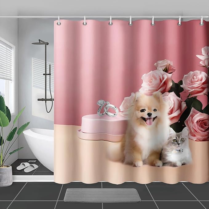 AILONEN Girls Pink Shower Curtain for Bathroom, Rose Flower and Cute Kawaii Dog Cat Pattern Bathroom Decor 60" W*72" H Bath Curtain Polyester Waterproof Shower Curtain with 12 Hooks