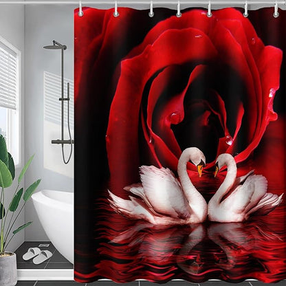 AILONEN 3D Printed Rose Shower Curtain,Red Rose Bath Curtain, White Swan Shower Curtain for Bathroom Decor,48" W*72" H Polyester Waterproof Bath Curtain with 12 Hooks