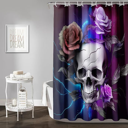 AILONEN 3D Skull Shower Curtain,Purple Rose with Skeleton Design Shower Curtain Set with Hooks for Boys Girls Teens,Gothic Skull with Light Waterproof Fabric Shower Curtain for Bathroom,60" W*72" H