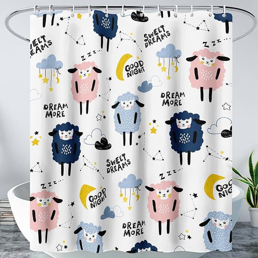 AILONEN Cute Sheep Shower Curtain for Bathroom,Constellation Star Clouds Printed Bath Curtain,Blue Pink Sheep Kids Curtain Waterproof with 2 Plastic Hooks 72" W*72" H