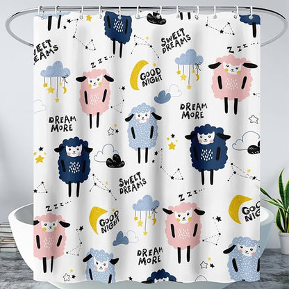 AILONEN Cute Sheep Shower Curtain for Bathroom,Constellation Star Clouds Printed Bath Curtain,Blue Pink Sheep Kids Curtain Waterproof with 2 Plastic Hooks 72" W*84" H