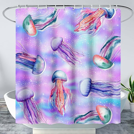 AILONEN Jellyfish Shower Curtain,Cartoon Sea Animal Jellyfish Bath Curtain Set for Kids Girls,Tie Dye Starry Night Fabric Shower Curtains for Bathroom, 60" W*72" H