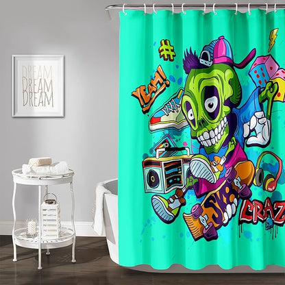 AILONEN Skate Skull Shower Curtain for Bathroom,Green Hip Hop Sport Skull Art Bathroom Curtain for Kids Girls Teen,Bath Curtain 36" W*72" H Polyester Waterproof Bathroom Curtain with 12 Hooks