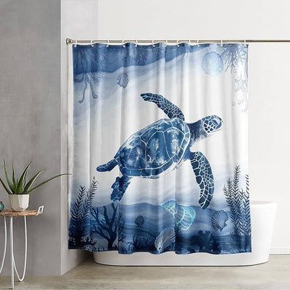 AILONEN Blue Sea Turtle Shower Curtain Set for Bathroom,Cartoon Turtle and Water Plant Bath Curtain,Kawaii Ocean Animal Theme Waterproof Fabric Shower Curtain with Hooks,72" W*96" H