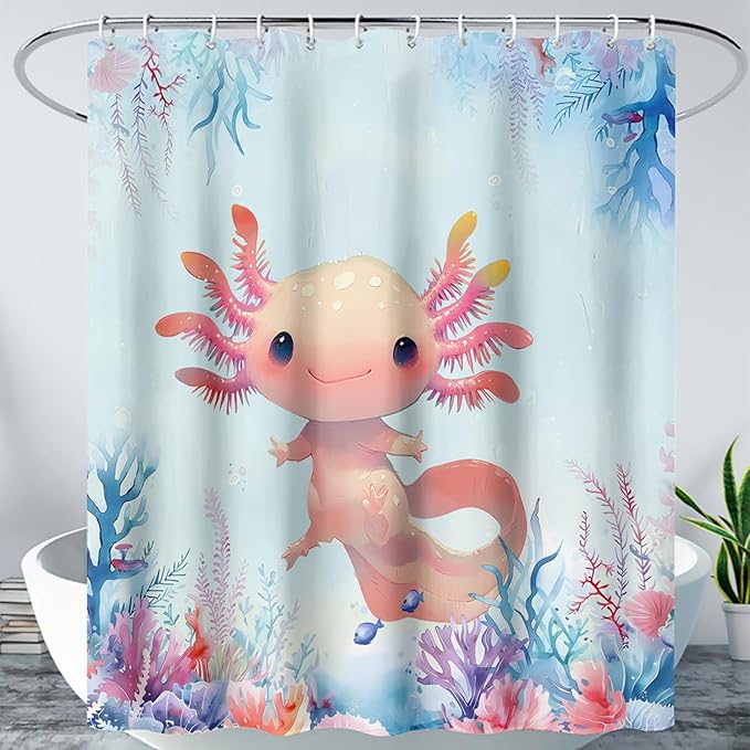 AILONEN Axolotl Shower Curtain for Bathroom,Watercolor Axolotl Coral Bath Curtain for Kids Girls,Ocean Animal Salamander Blue Shower Curtain Decoration Waterproof with 12 Plastic Hooks, 72" W*72" H