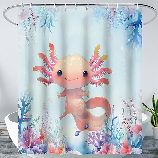 AILONEN Axolotl Shower Curtain for Bathroom,Watercolor Axolotl Coral Bath Curtain for Kids Girls,Ocean Animal Salamander Blue Shower Curtain Decoration Waterproof with 12 Plastic Hooks, 72" W*72" H