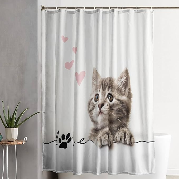 AILONEN 3D Kawaii Cat Shower Curtain, Fuzzy Ball Kitten Shower Curtain for Kids Girls Boys Bathroom Decor,Cute Pet Cat Lover Waterproof Shower Curtains Sets with Hooks,72" W*78" H
