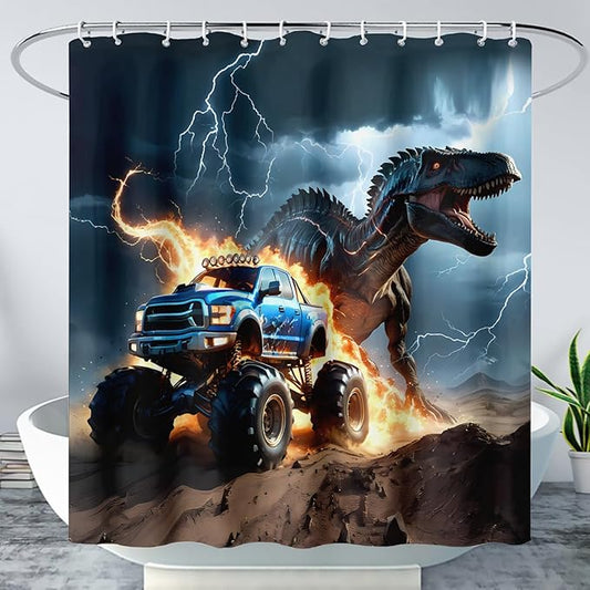 AILONEN Boys Dinosaur Shower Curtain, Monster Truck Bath Curtain,Lightning Roaring Dinosaur Kids Shower Curtain,Waterproof Curtain Bathroom 48" W*72" H Decor with 12 Plastic Hooks